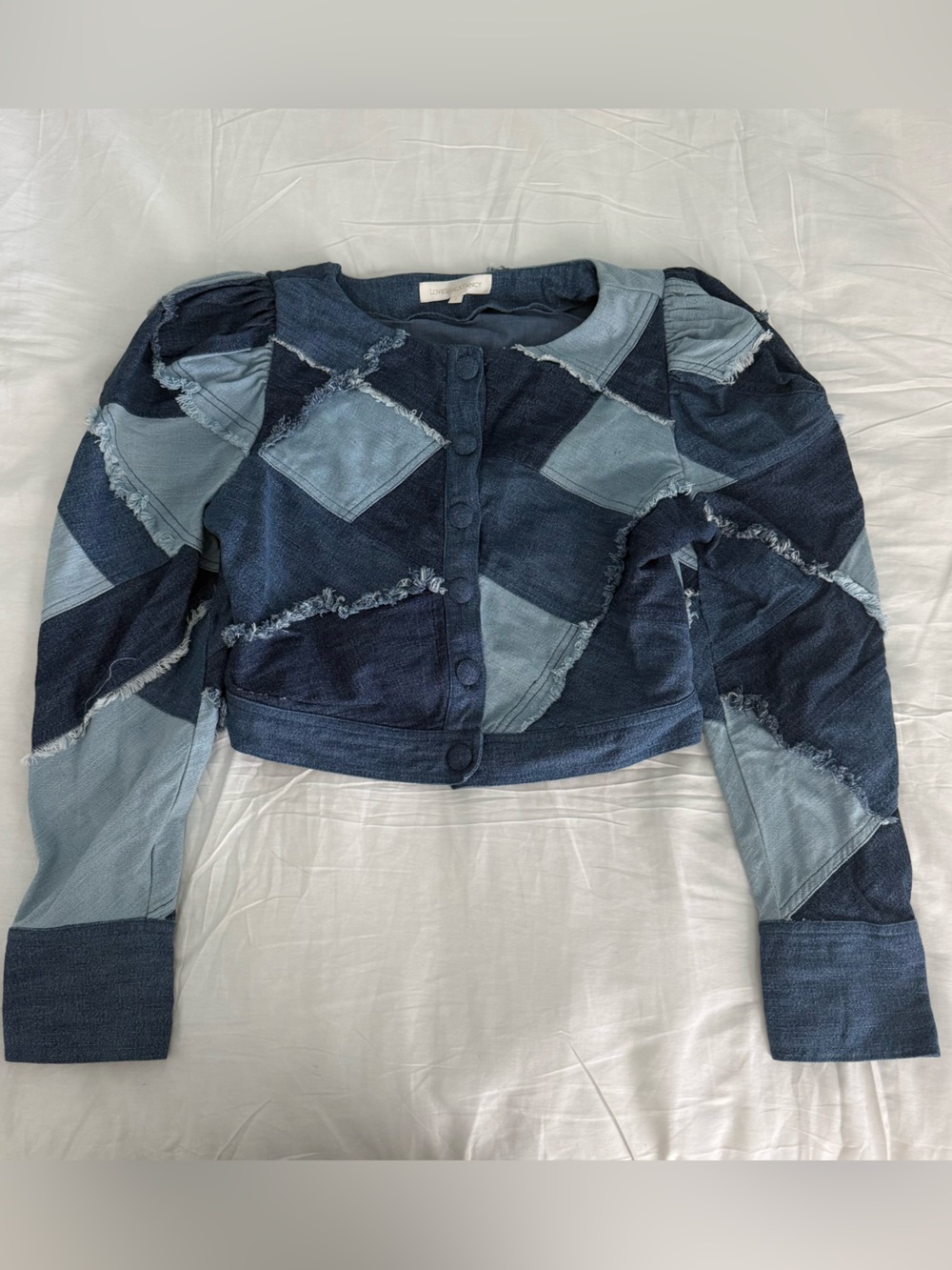 LoveShackFancy Dark Blue Patchwork Denim Jacket